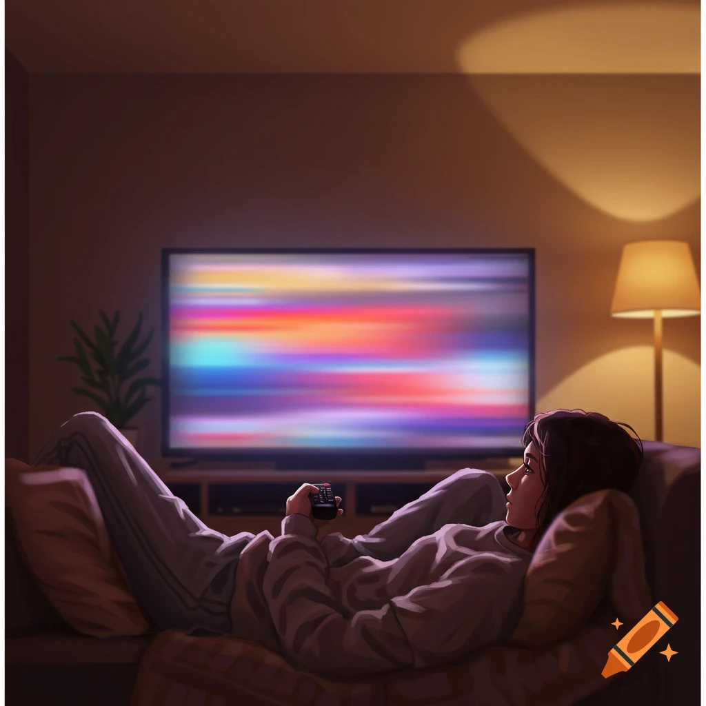 A person is lying on a couch watching TV in a dimly lit room.