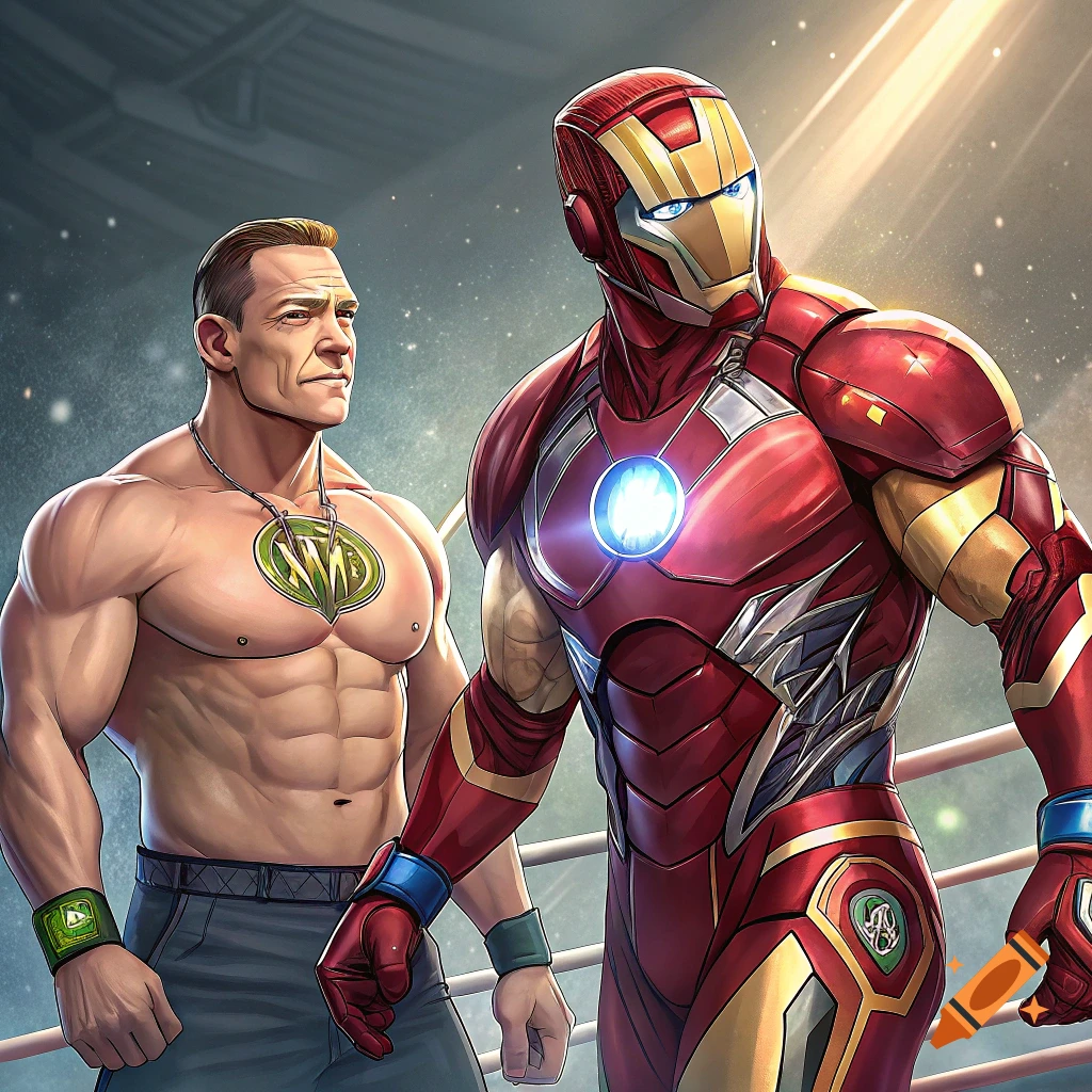 Digital art illustration of John Cena standing next to Iron Man.