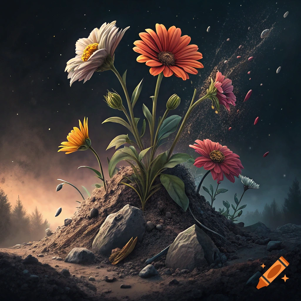 Flowers growing from a dirt mound under a dark, starry sky with floating particles.