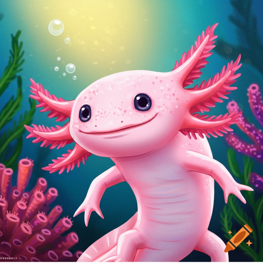 A pink axolotl swims underwater.