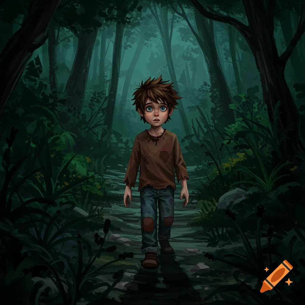 A wide-eyed young boy in worn clothes walking through a dark, mysterious forest.