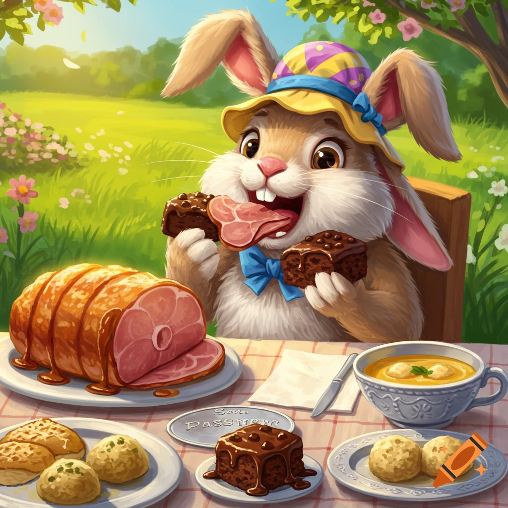An Easter bunny eating ham and brownies at a table with food in a garden setting.