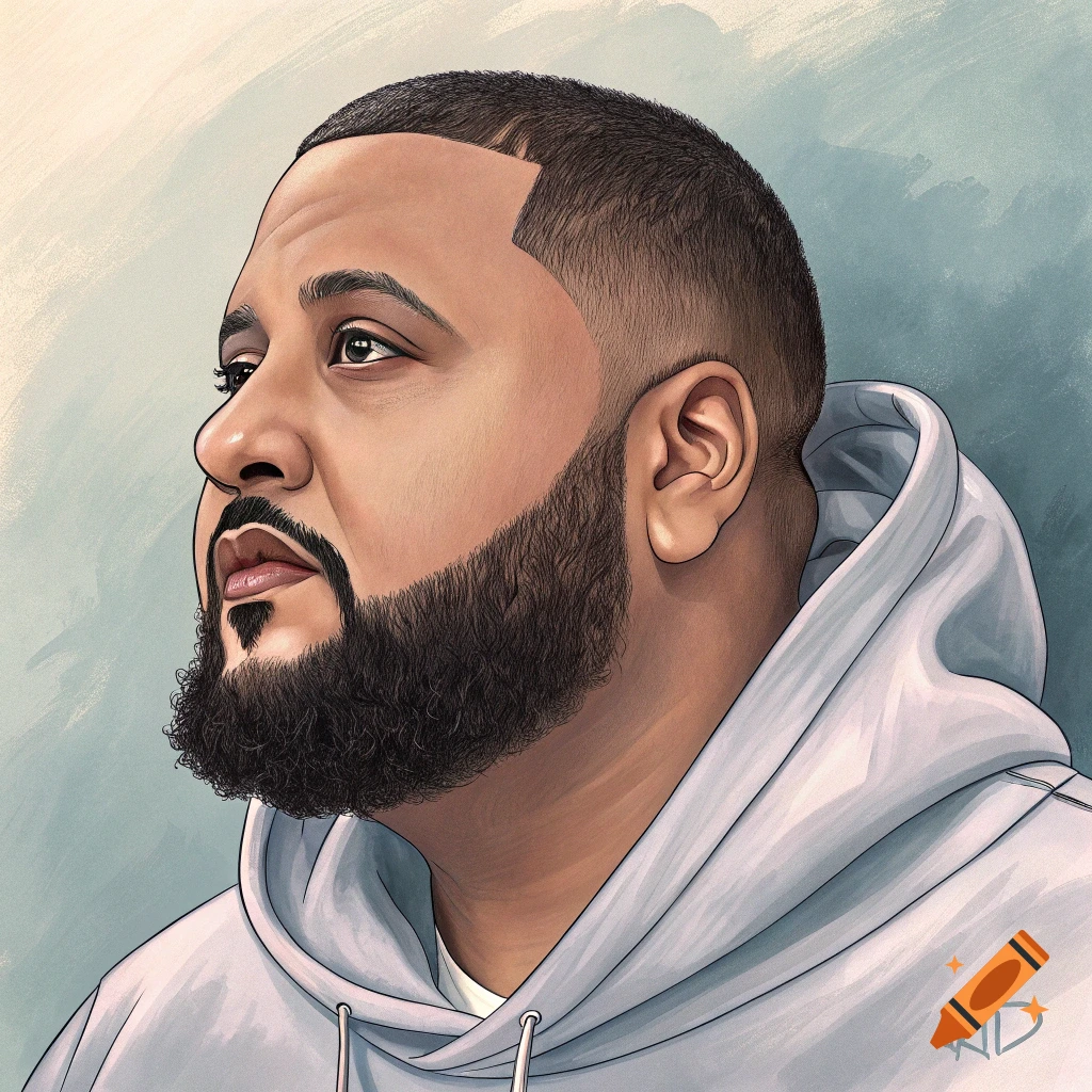 Illustration of a man resembling DJ Khaled in a hoodie, looking upwards.