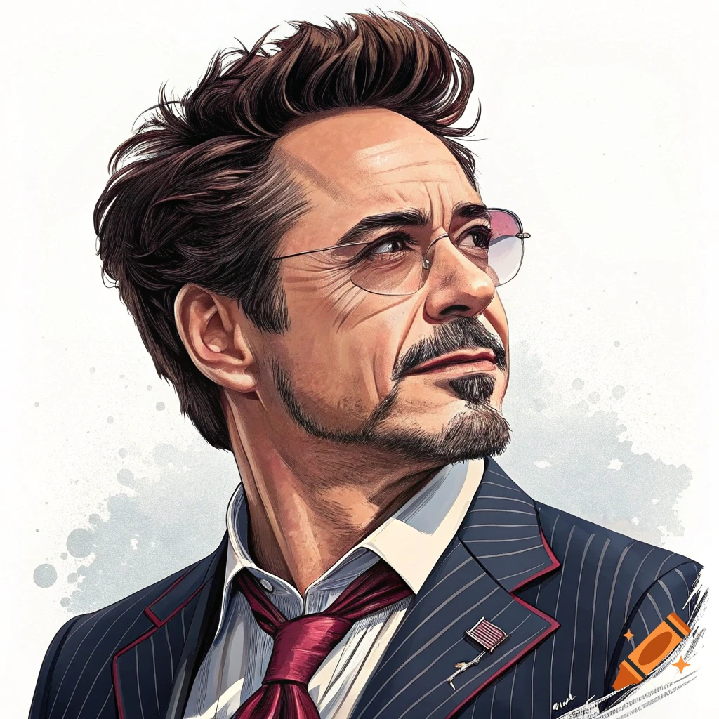 Stylized illustration of Robert Downey Jr. in a suit and glasses looking up.