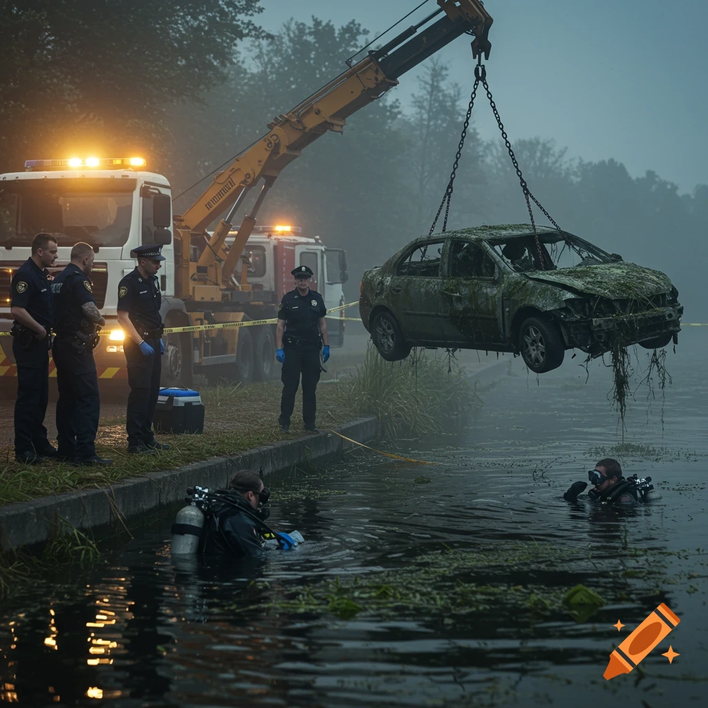 Crane lifts car from lake with divers and police present, photorealistic.