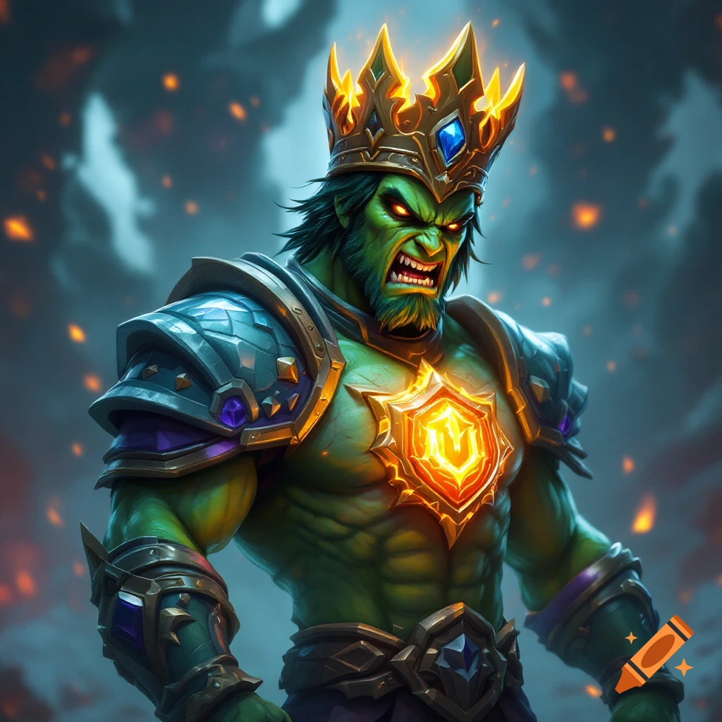 Green-skinned fantasy character in glowing armor and crown, snarling
