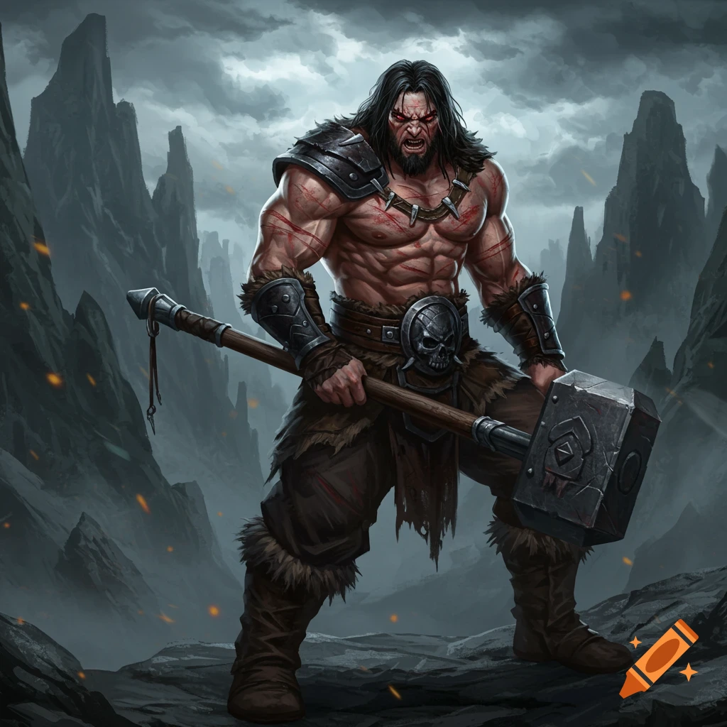 An angry male barbarian holding a maul in a rocky landscape under a cloudy sky.