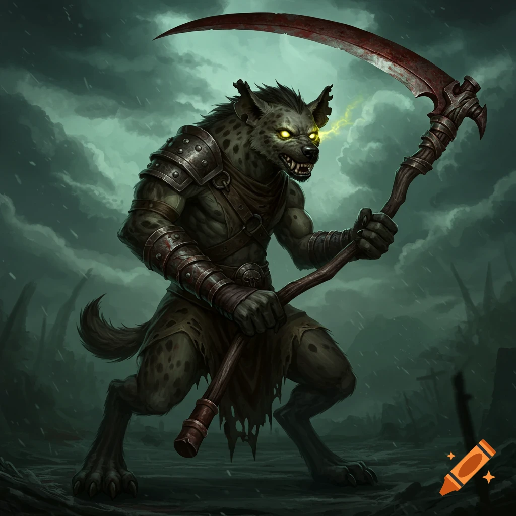 A fearsome Gnoll creature holding a bloody scythe in a stormy, dark fantasy landscape.