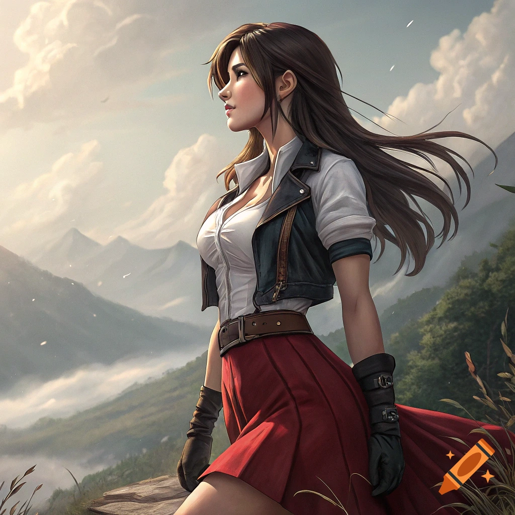 A woman with long brown hair in a red skirt and black jacket looks out over a mountain valley.