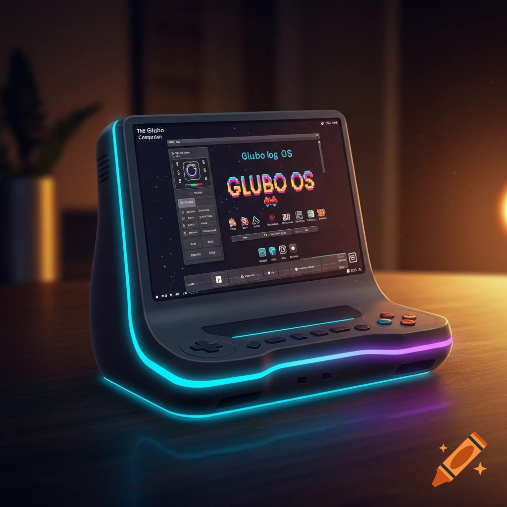 A futuristic yet nostalgic Glubo Computer gaming console with glowing lights, displaying Glubo OS on its screen.