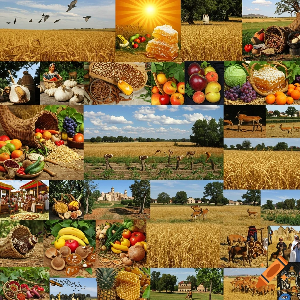 Collage of harvest scenes including fields, fruits, vegetables, grains, honey, and animals.