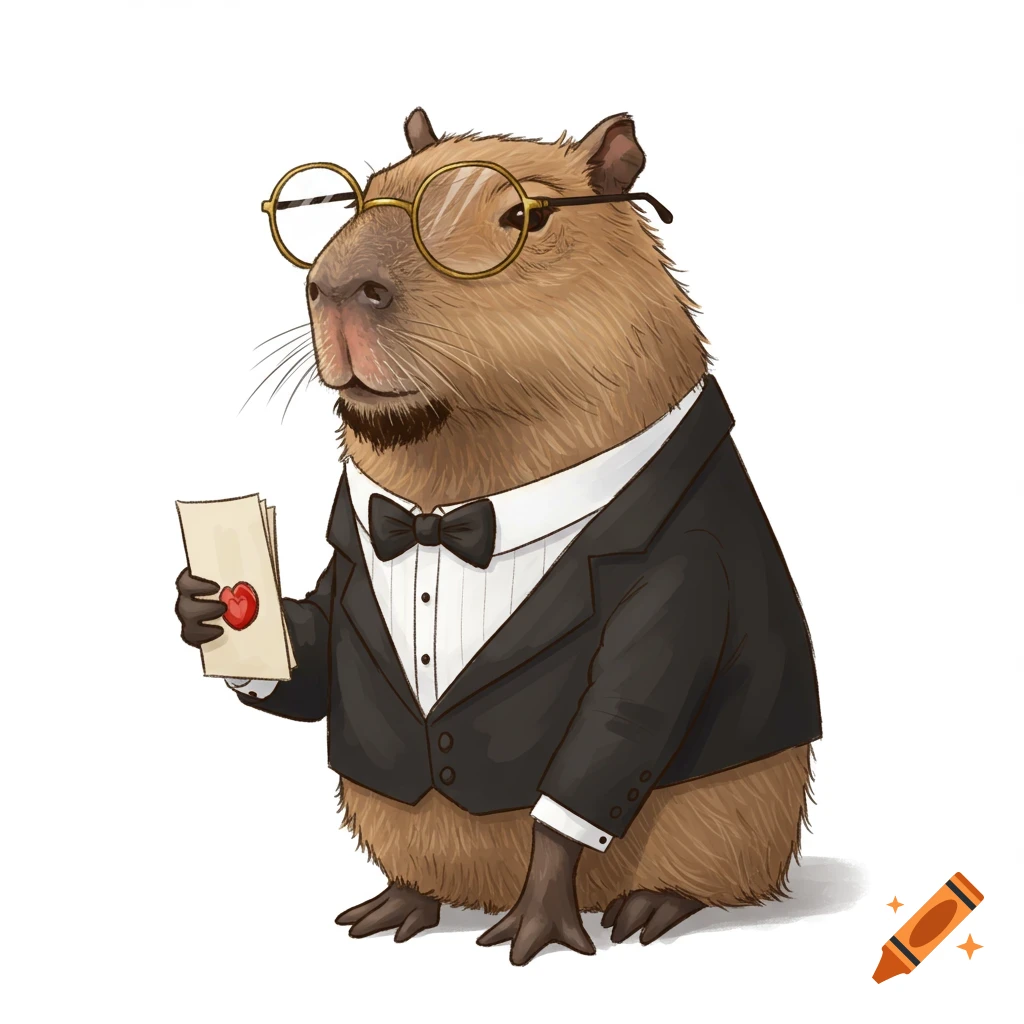 A capybara dressed as a butler, wearing glasses and a tuxedo, holding a letter with a heart seal.