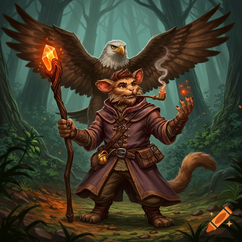 A furry wizard creature is shown smoking a pipe and holding a glowing staff, with an large eagle behind him in a forest.