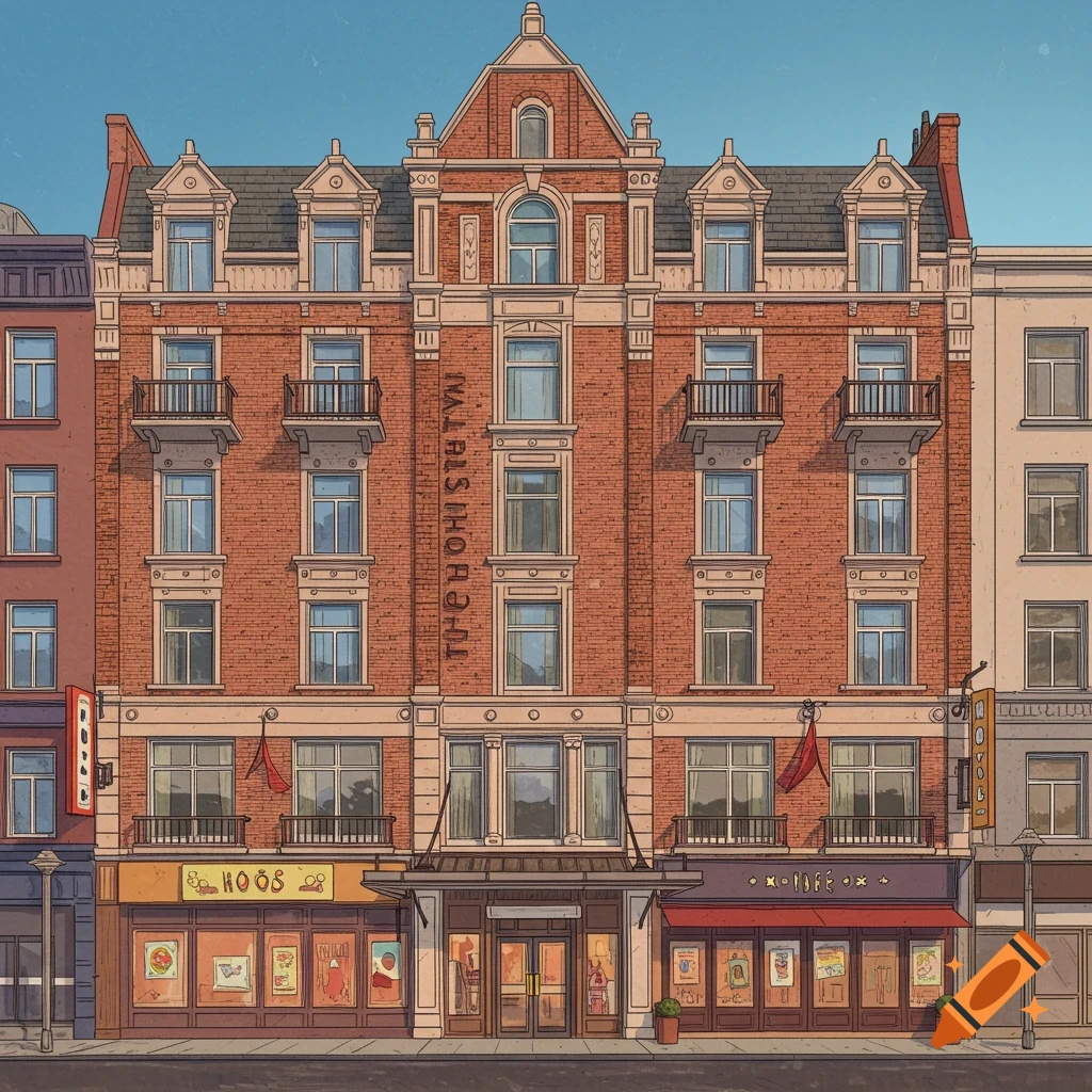 A digital illustration of a seven-story brick building with storefronts on the ground floor.