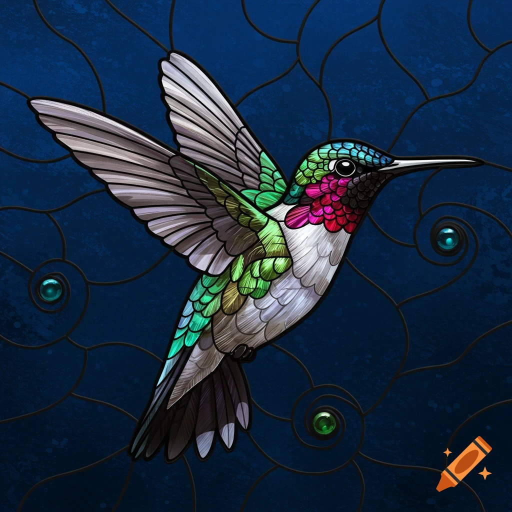 A colorful hummingbird depicted in a stained glass style against a blue background.