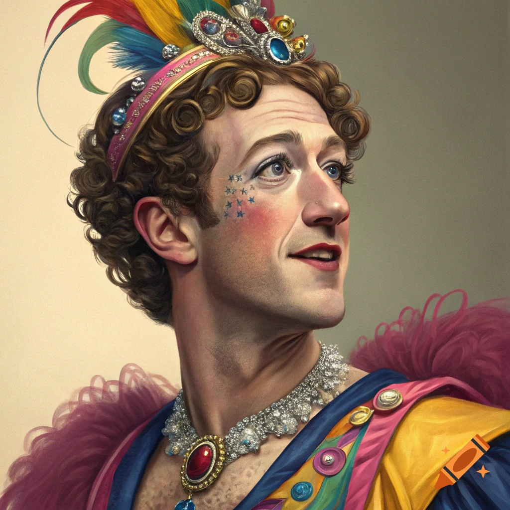 Portrait resembling Mark Zuckerberg in colorful drag makeup, jeweled crown, and feathered costume.