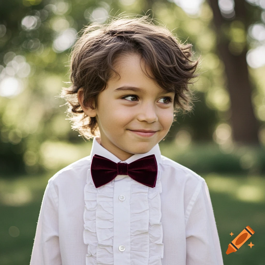 A young boy in a white ruffle shirt and burgundy velvet bow tie smiles looking off-camera.