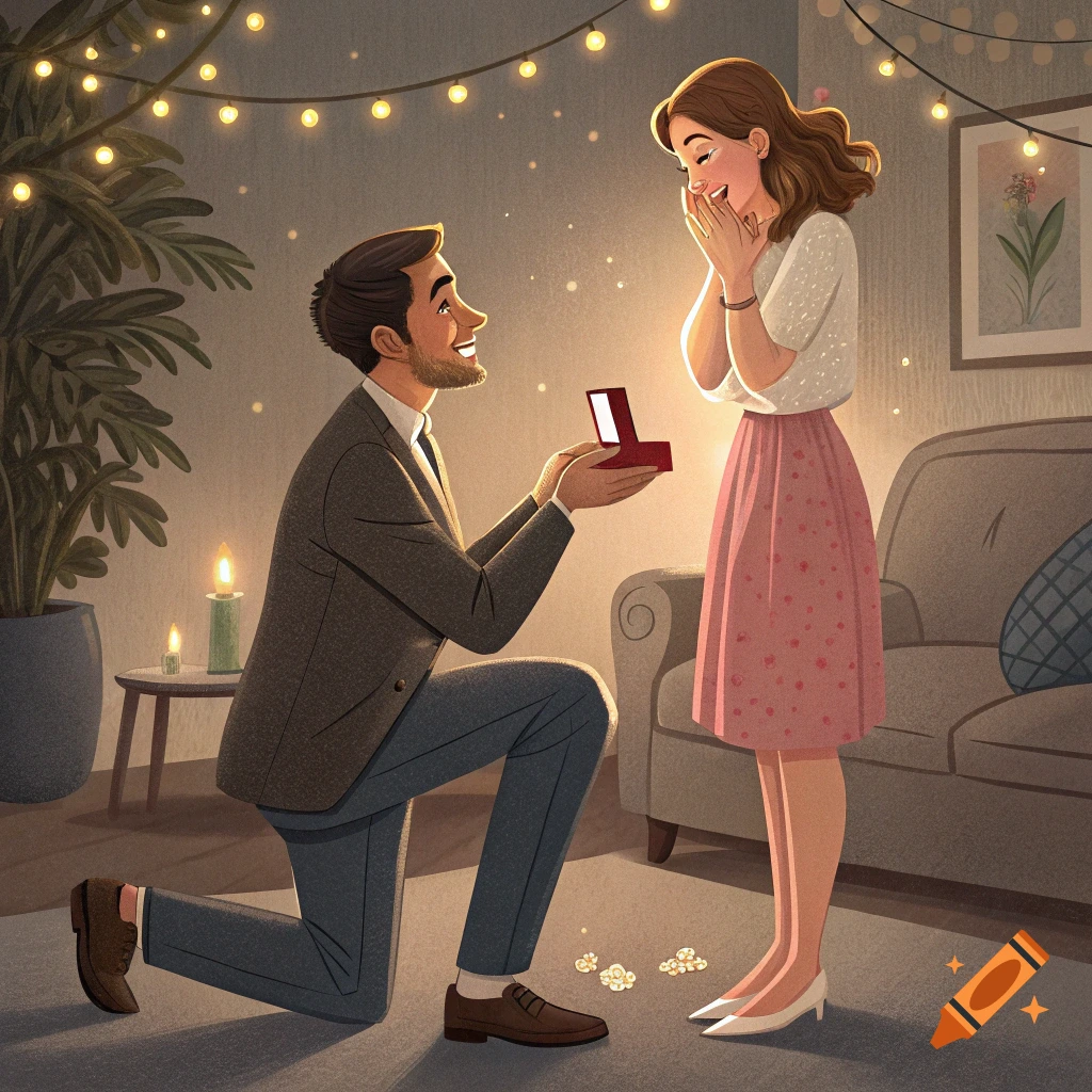 An illustration of a man on one knee proposing to a woman in a room decorated with string lights and candles.