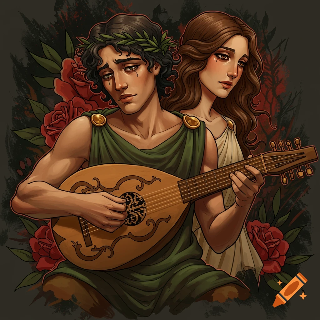 American Traditional illustration of a man playing a lute with a woman behind him, surrounded by roses.