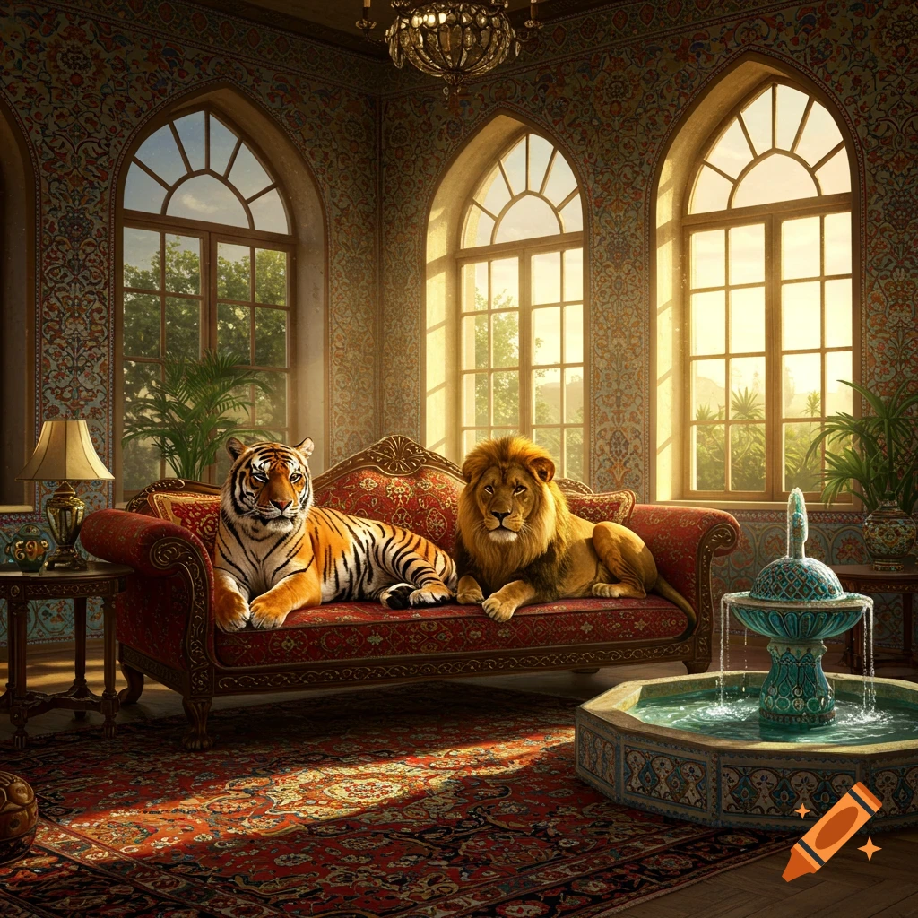 A tiger and a lion lay on a red sofa in a luxurious room with intricate patterns, large arched windows, and a fountain.