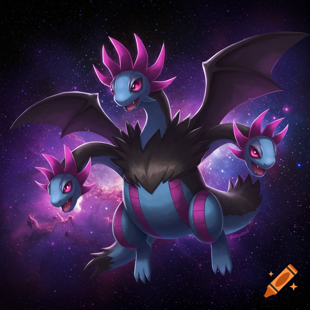 A ferocious multi-headed dragon creature soars through a star-filled cosmic expanse.