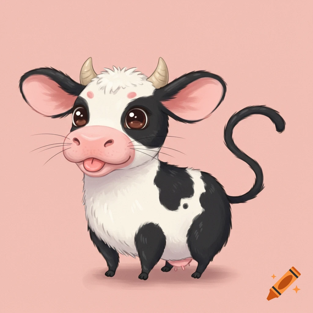A cute, stylized illustration of a cartoon cow with large ears and a curly tail on a pink background.