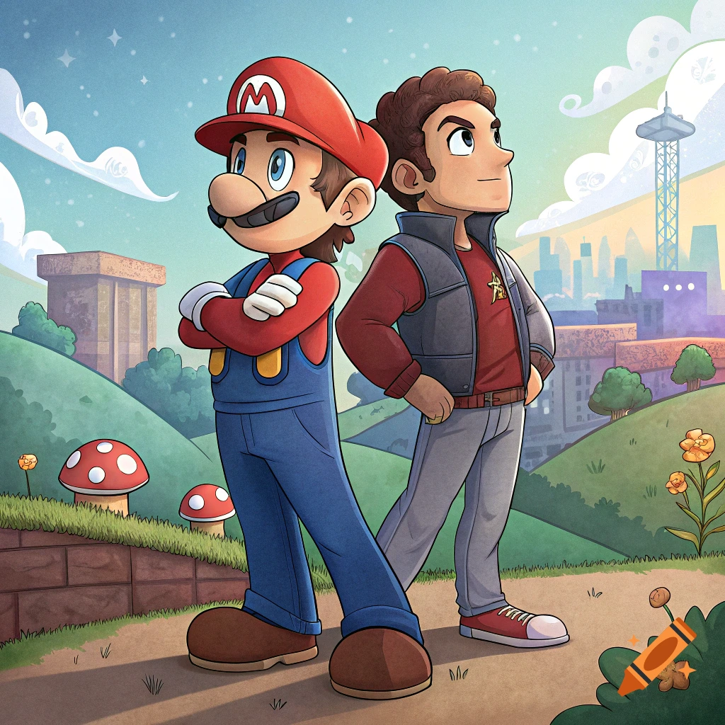 Cartoon illustration of Mario and another character standing back-to-back in a stylized landscape with hills and buildings.