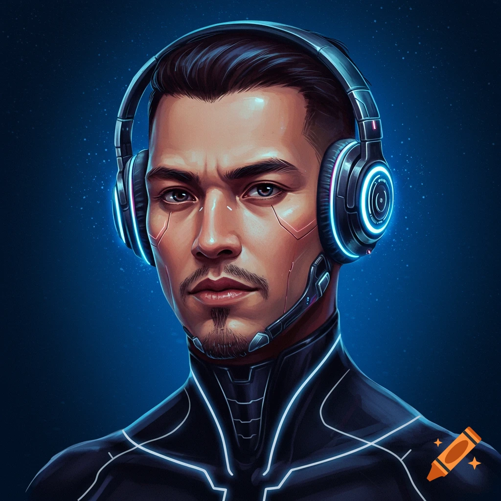 A man wearing super advanced headphones and futuristic suit