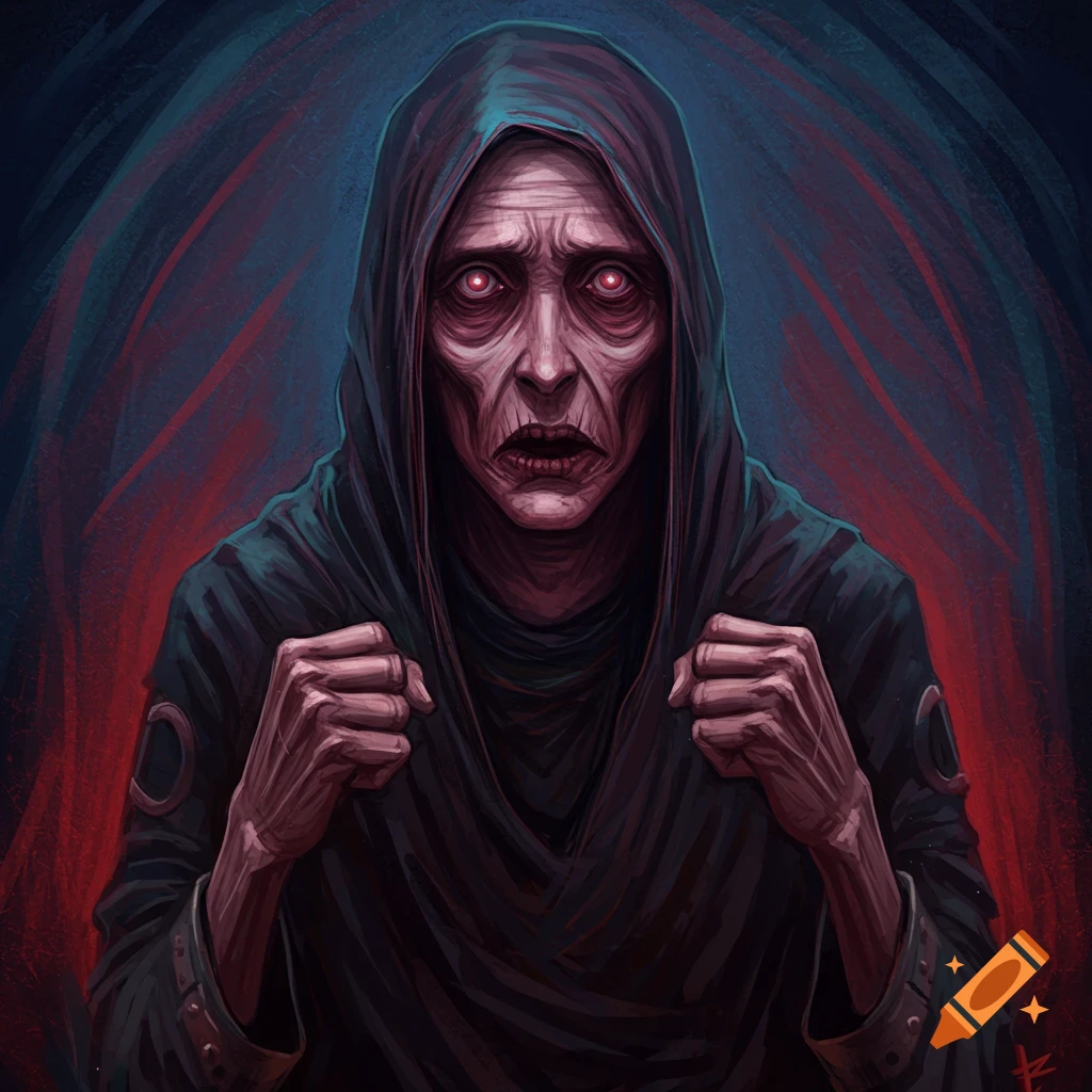 A gaunt figure in a dark hooded robe with glowing red eyes and clenched fists.