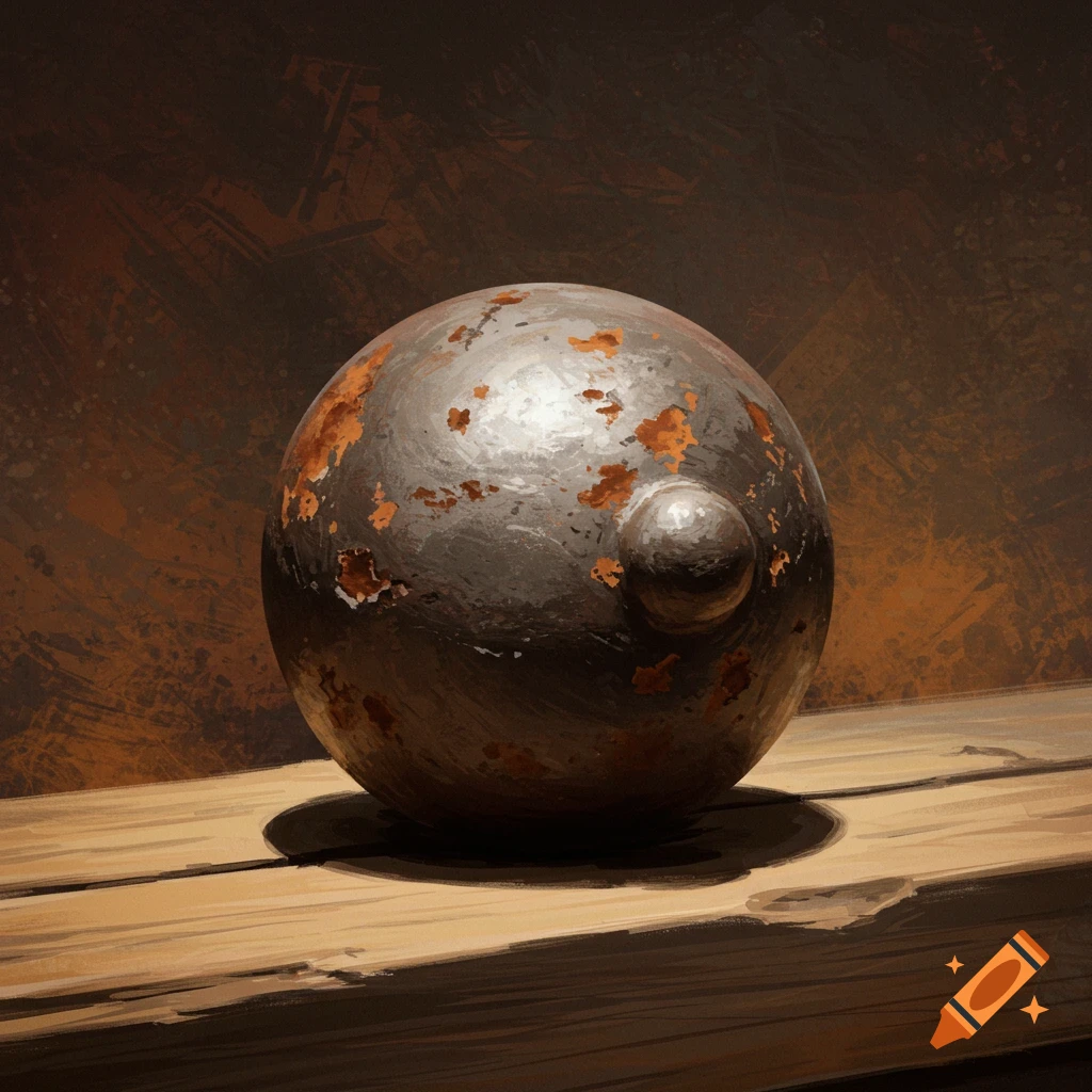 A rustic cannonball rests on a wooden surface.