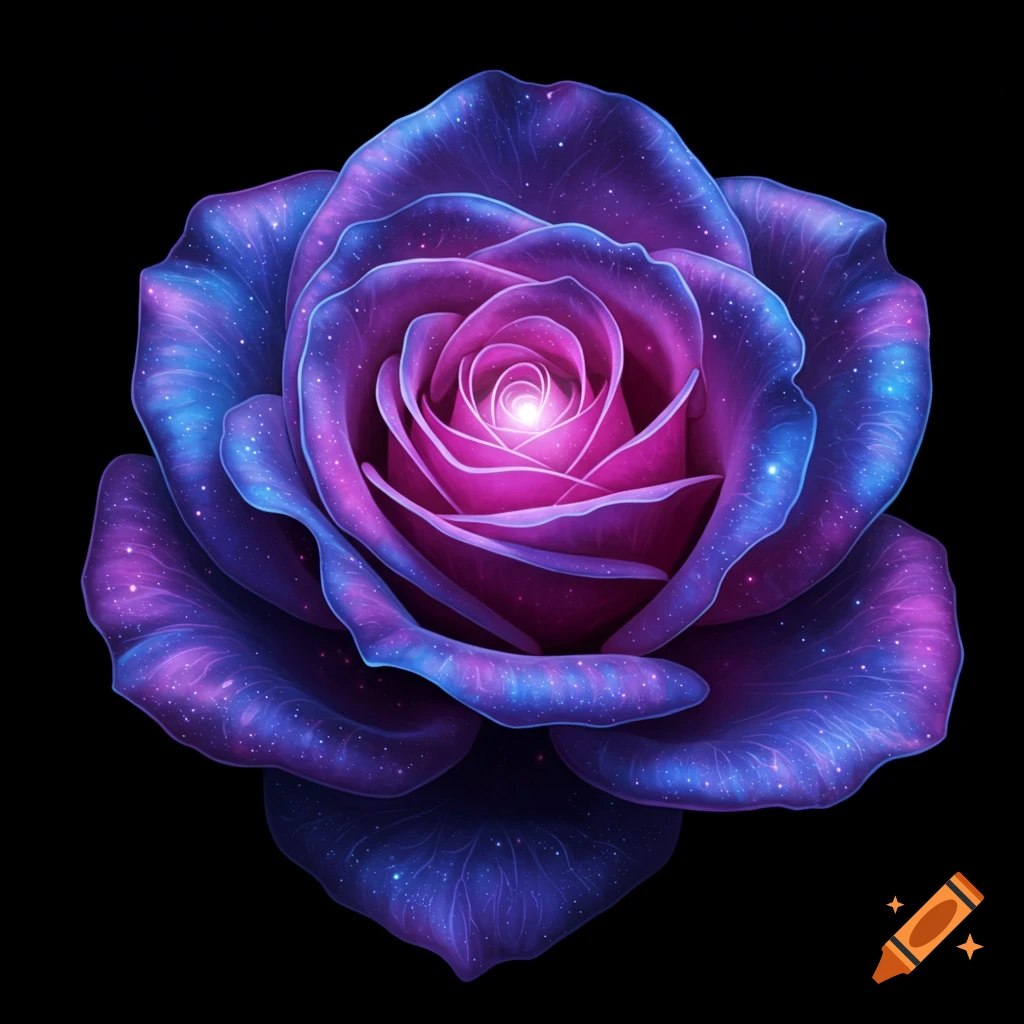 A galaxy-themed rose with purple and blue petals and sparkling stars on a black background.