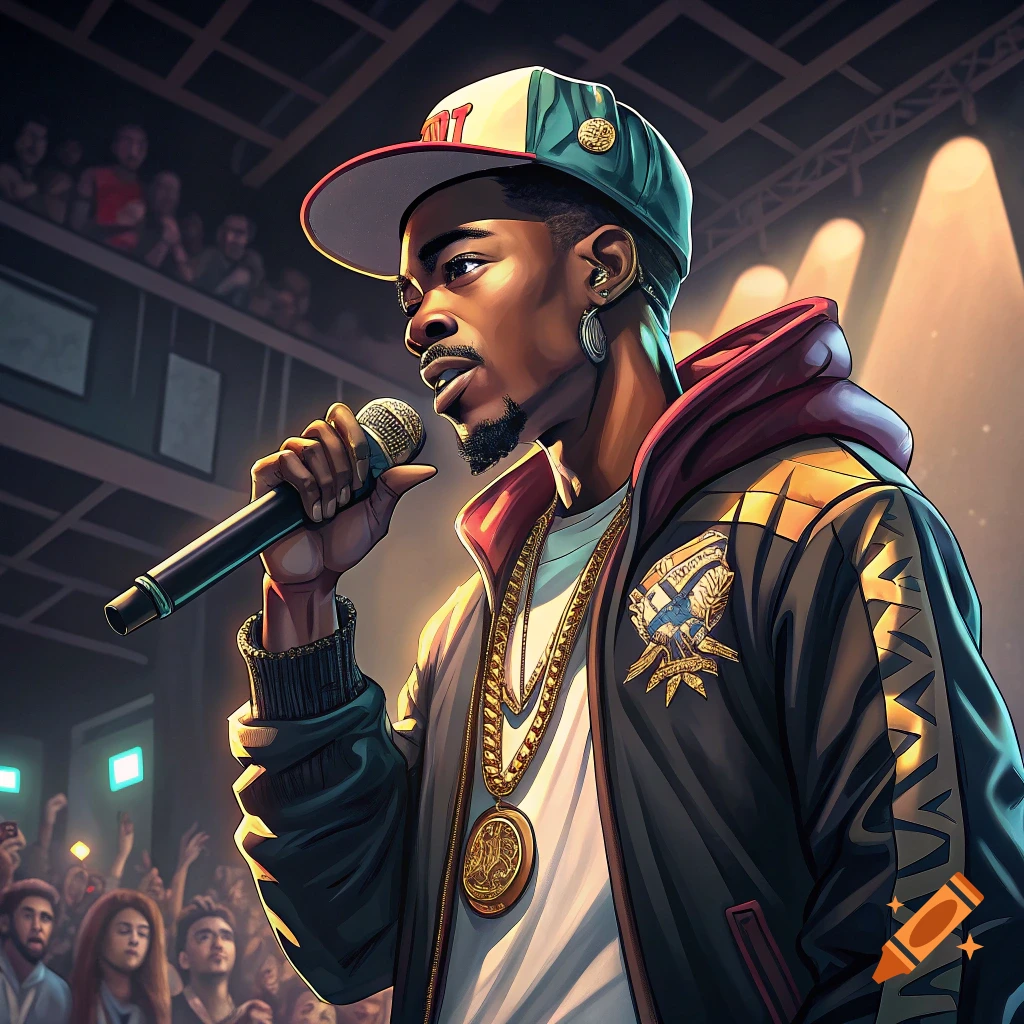 An illustration of a rapper performing on stage, holding a microphone, wearing a cap, jacket, and gold chains.