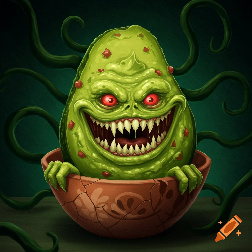 A green monster with red eyes and sharp teeth sits in a bowl.