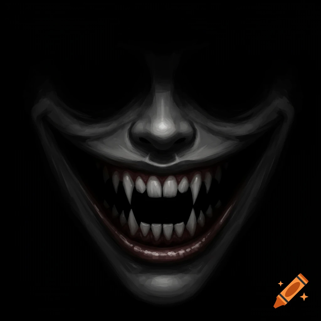 A creepy face with sharp fangs smiles in the dark.