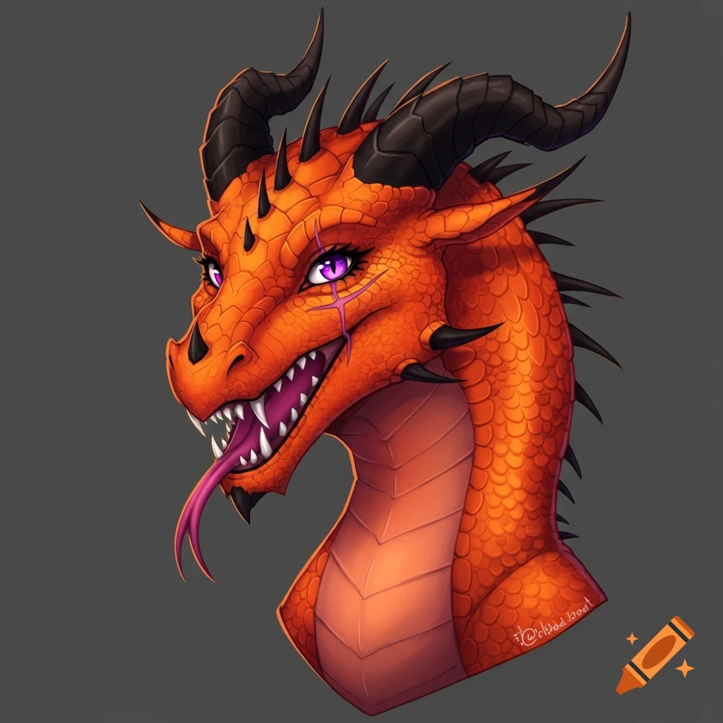 Headshot of an orange dragon with purple eyes.
