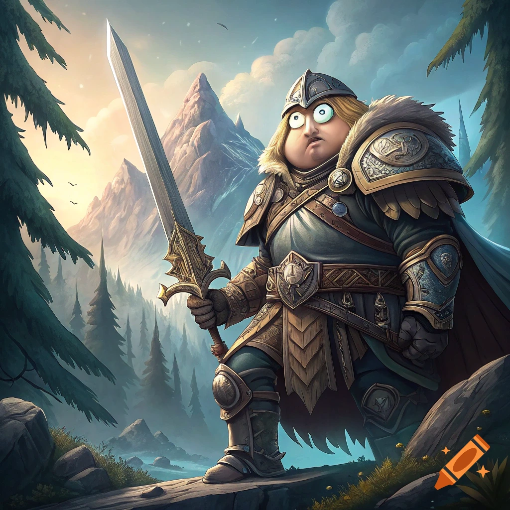 Cartoonish warrior with big eyes holding a sword in a fantasy mountain landscape.