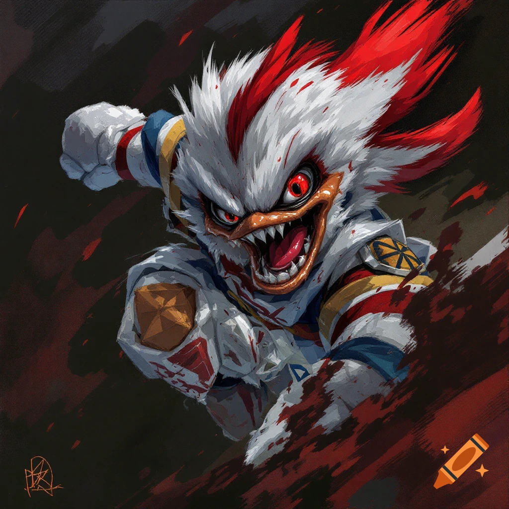A monstrous white and red feathered creature with sharp teeth and red eyes lunges forward, covered in blood splatter.