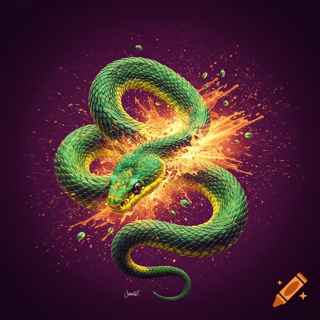 A green and yellow snake is coiled amid an orange explosion on a dark background
