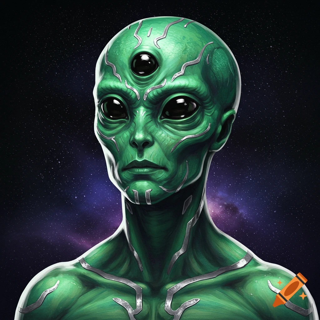 A green alien with three eyes in space