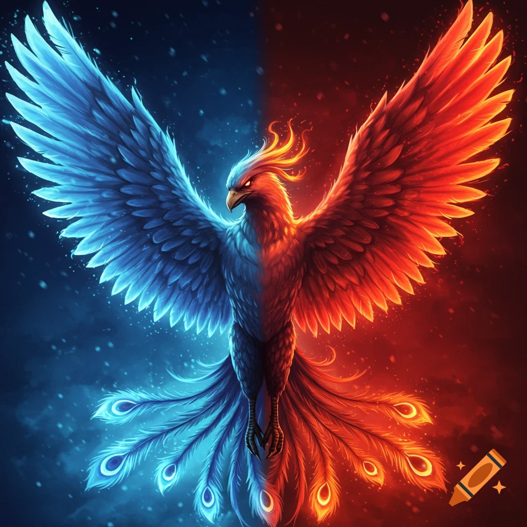A vibrant image of a phoenix split between red fire and blue ice, with spread wings