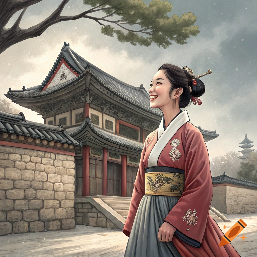 A woman in a red and grey Hanbok stands smiling in front of a traditional Korean building.