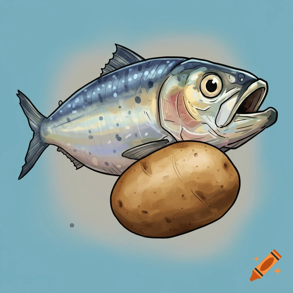 A fish next to a potato on a light blue background.