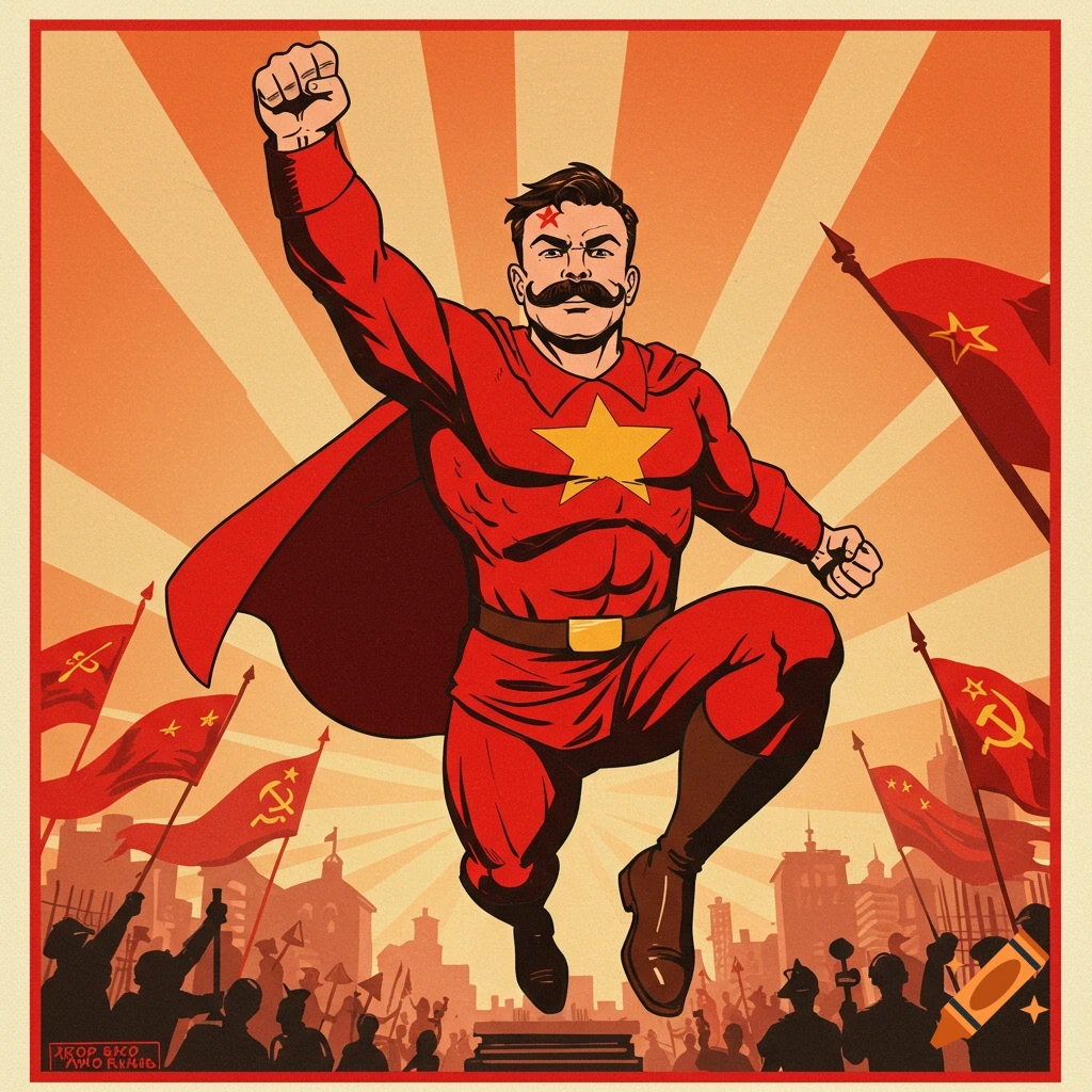 Propaganda poster illustration of a communist superhero flying above a crowd waving flags.