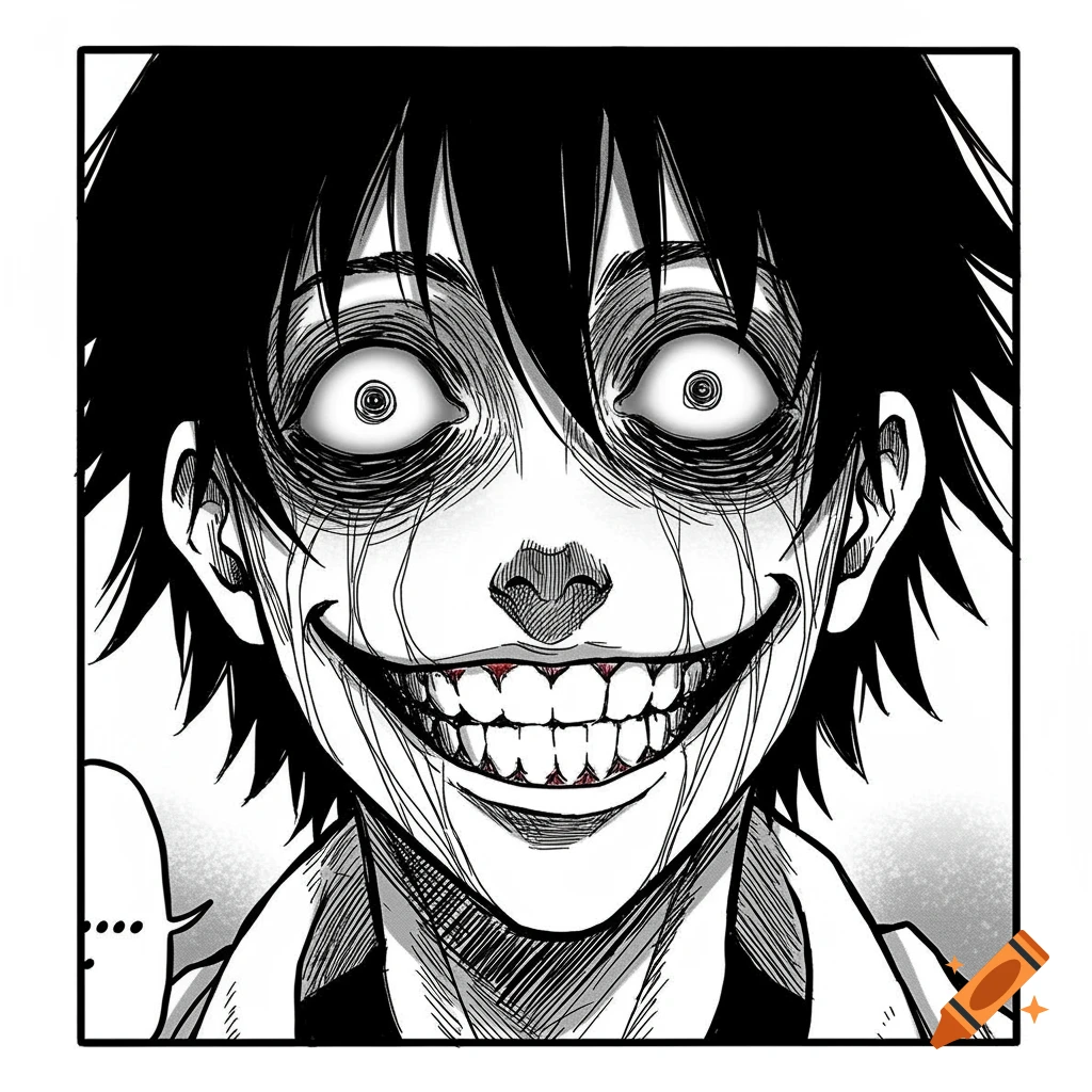 Close-up of a face with a wide, unsettling grin and large eyes in a black and white horror manga style.