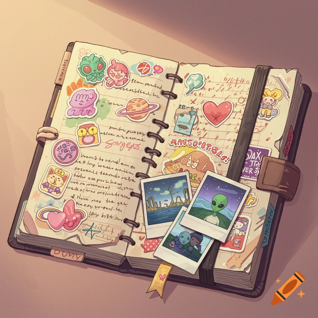 An open journal overstuffed with colorful stickers, drawings, handwritten notes, and polaroid photos.