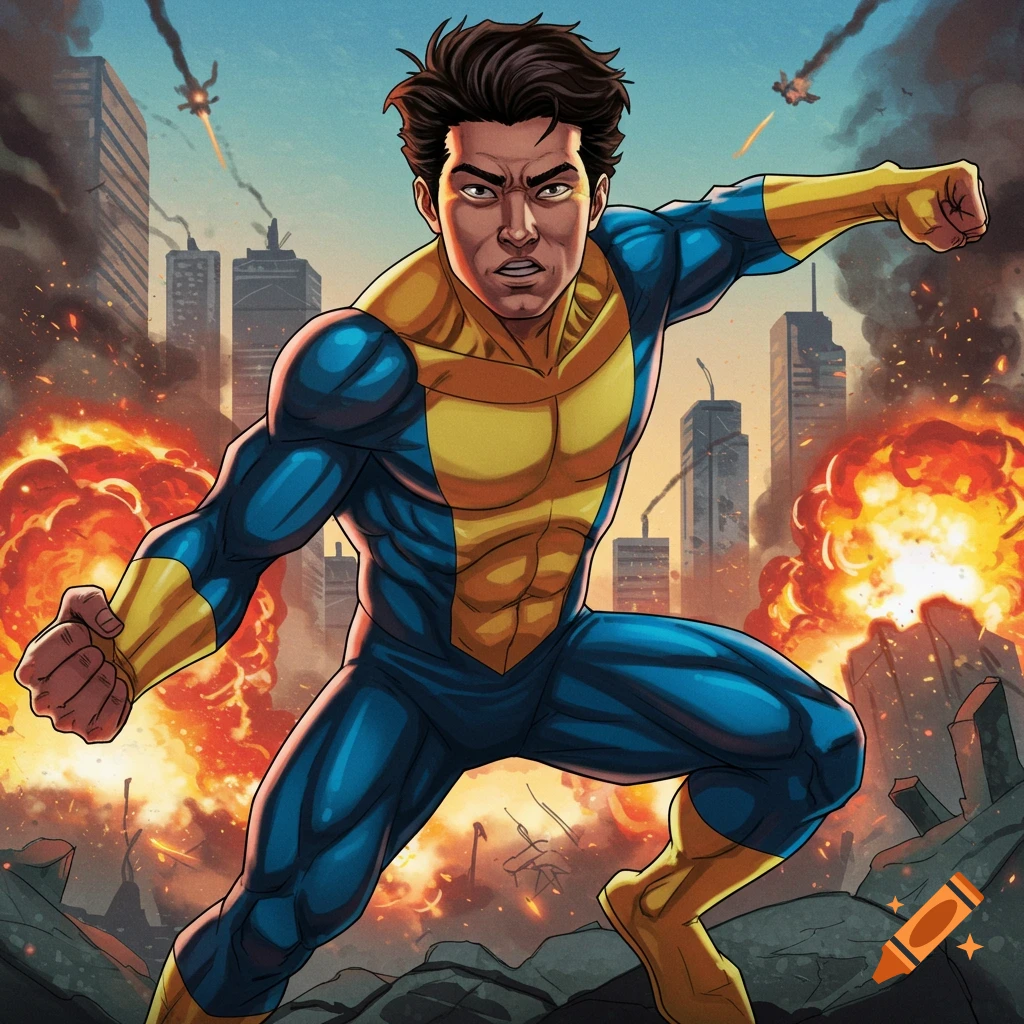 A superhero in a blue and yellow suit poses in a destroyed city with explosions.