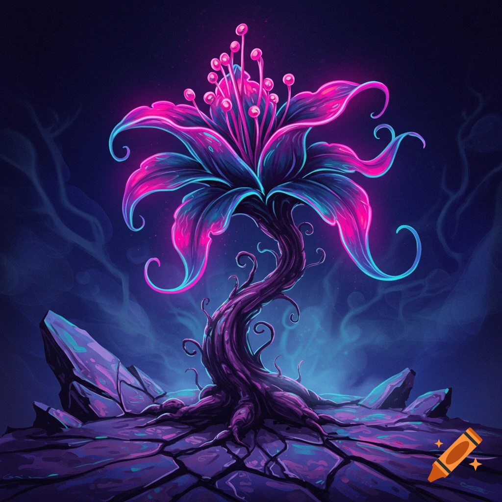 A glowing alien plant with pink and blue petals stands on cracked purple ground.