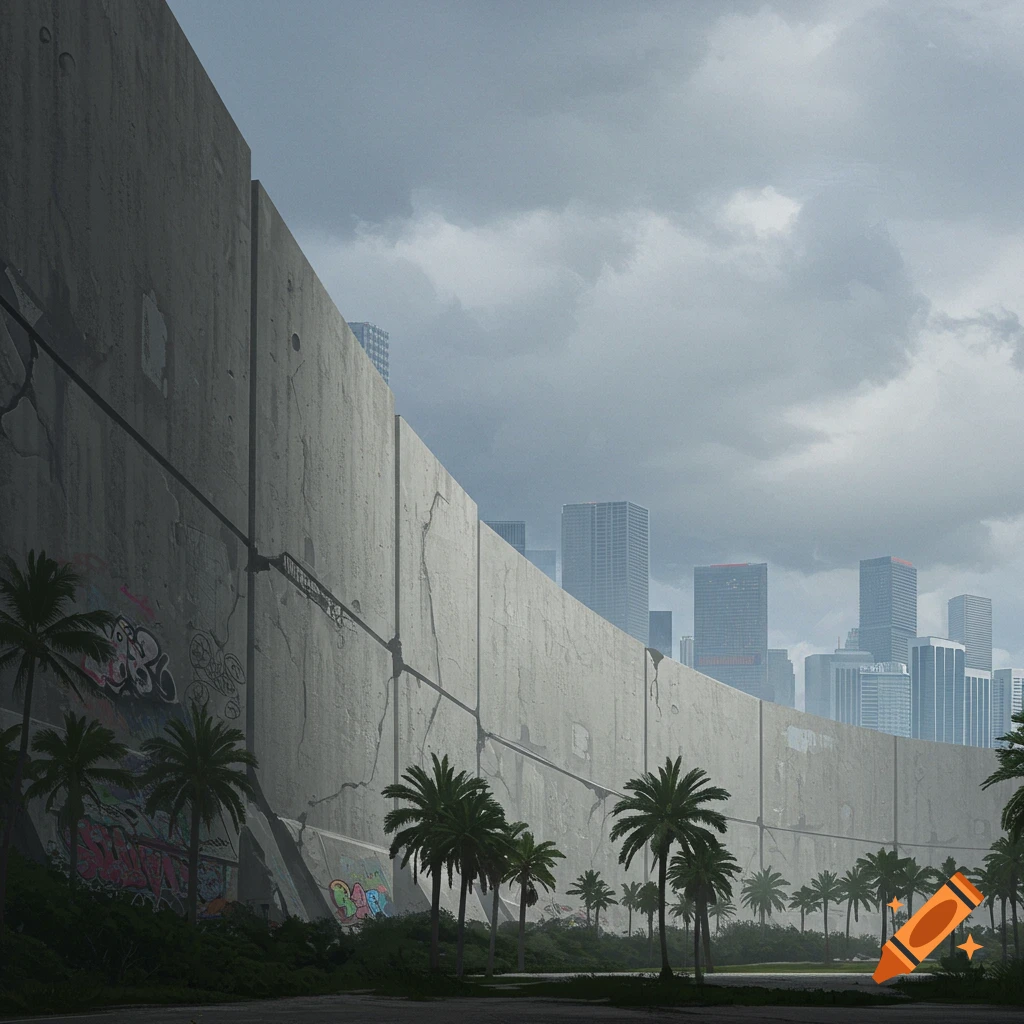 A huge curved concrete wall with graffiti and palm trees in front of a city skyline under cloudy skies.