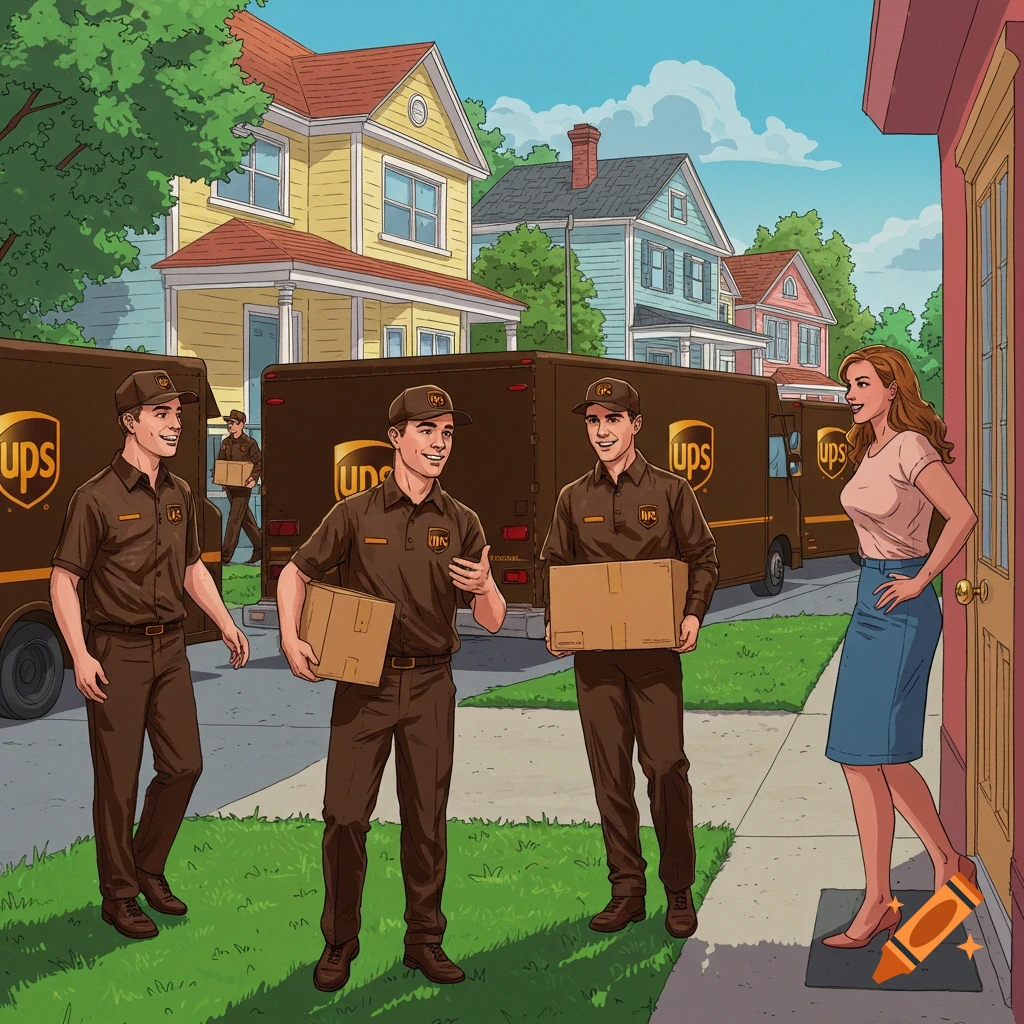 UPS workers delivering packages on a suburban street, greeted by a woman.
