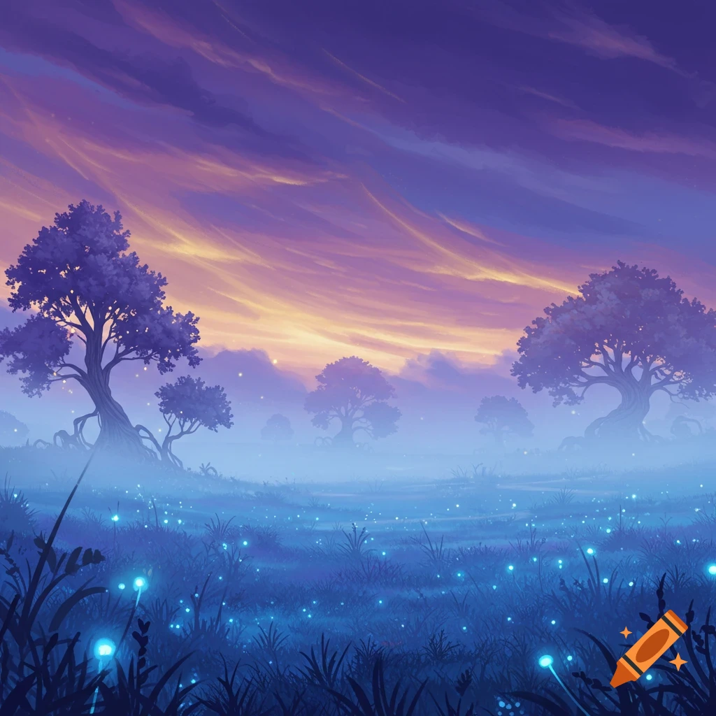 A foggy mythical field with glowing blue flowers and trees under a dramatic purple and orange sky.